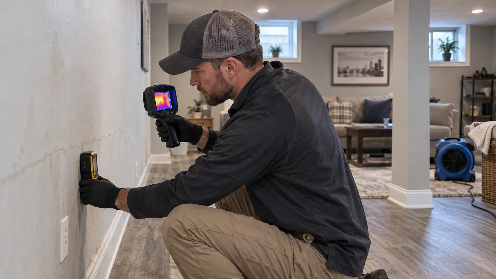 Moisture inspection on a water damage job